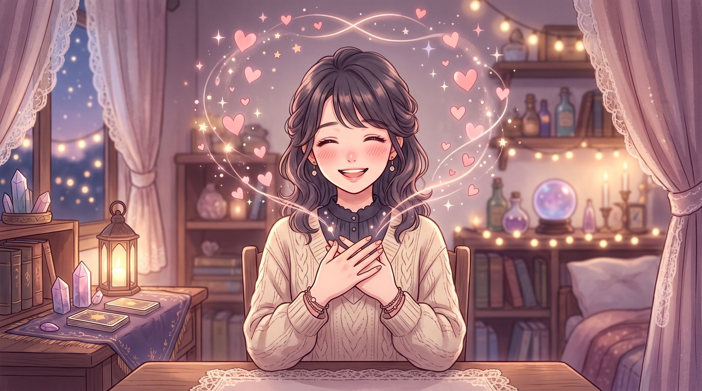 胸に手をあて、まわりにハートが舞う幸せそうな女性のイラスト(手相で見る恋愛運)