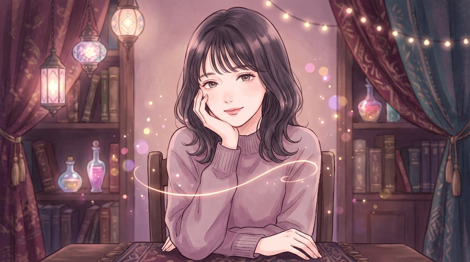 頬に手をあて上品にほほえむ女性のイラスト(手相で見る愛情表現と相性)