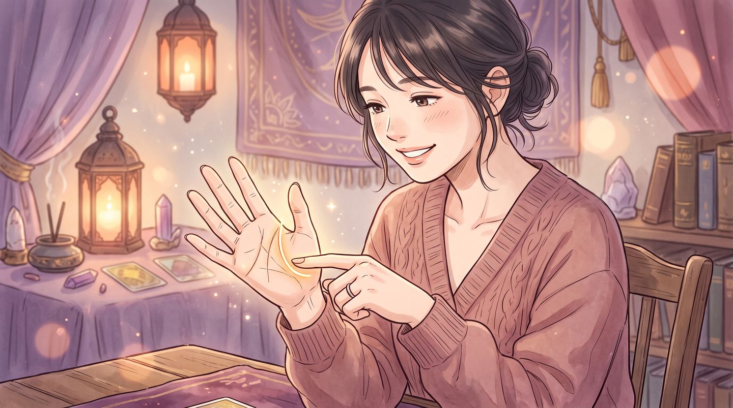 生命線を指でなぞって見る女性。生命線が金色に光るイラスト