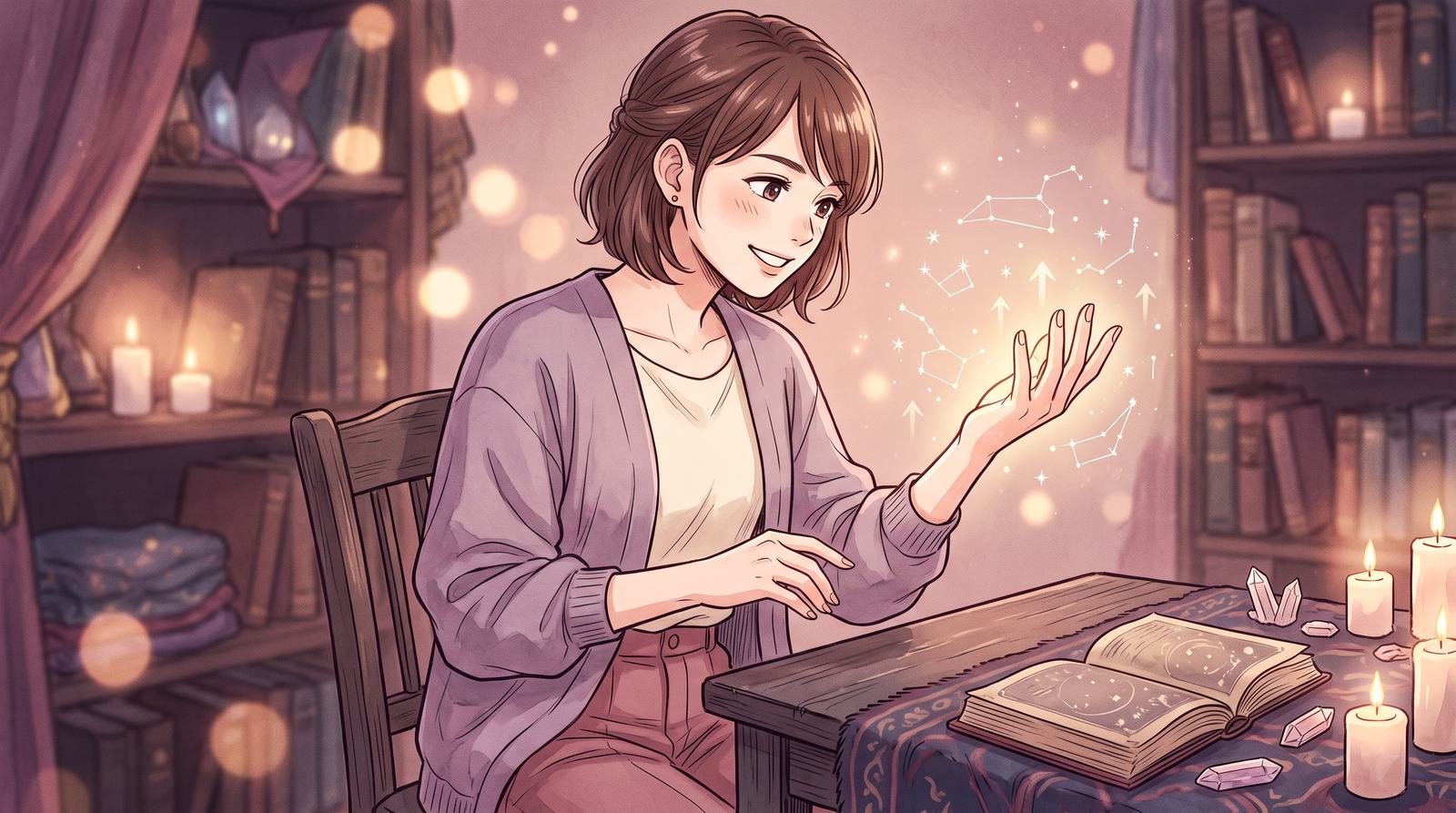 手のひらに星座と上向きの矢印が浮かぶ、自信のある笑顔の女性のイラスト(手相で見る仕事運)