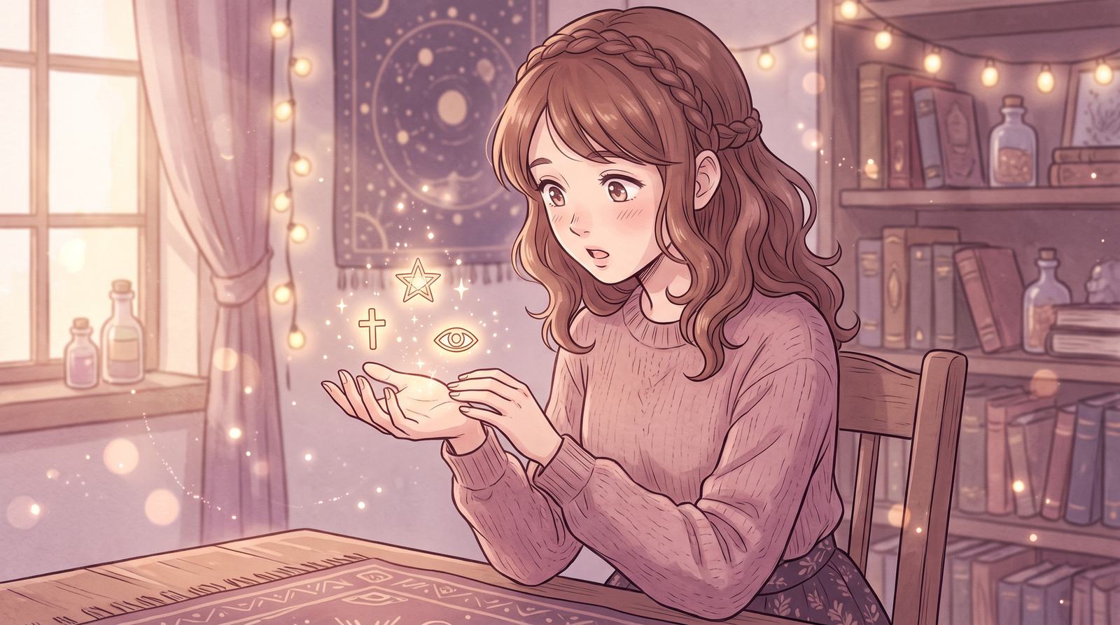 手のひらの上に十字・星・目のしるしが浮かぶのを見つめる女性のイラスト
