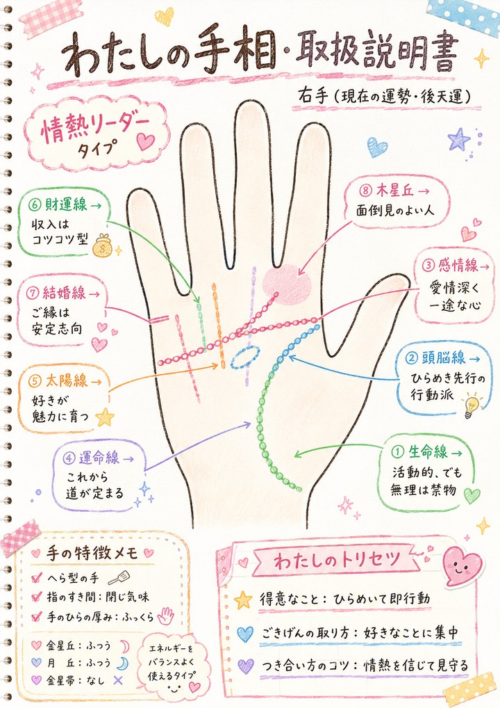 「わたしの手相・取扱説明書」の生成サンプル。右手の手のひらイラストに、生命線・感情線・結婚線など8項目のカラフルな手書き風解説が番号つきで添えられたトリセツ画像