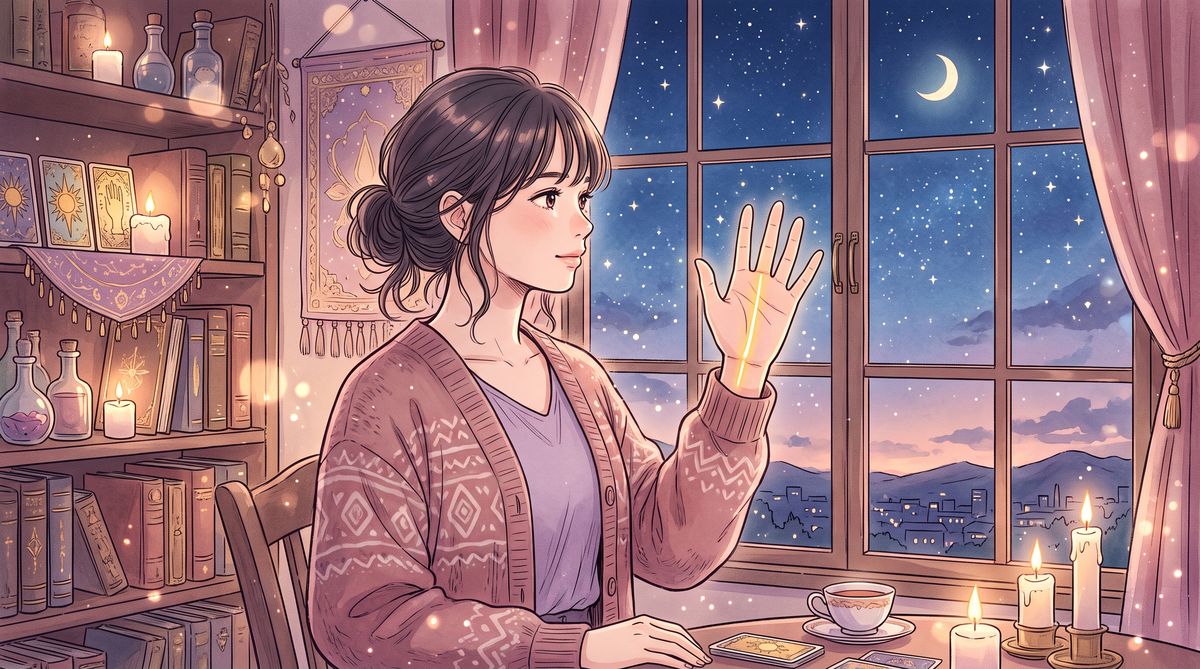 星空の窓に手のひらをかざす女性。運命線が金色の縦線に光るイラスト