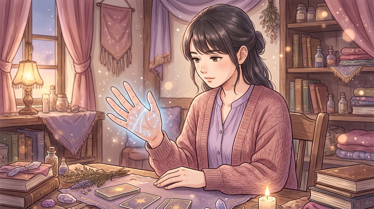 頭脳線が青銀に光る手のひらを見つめる女性のイラスト
