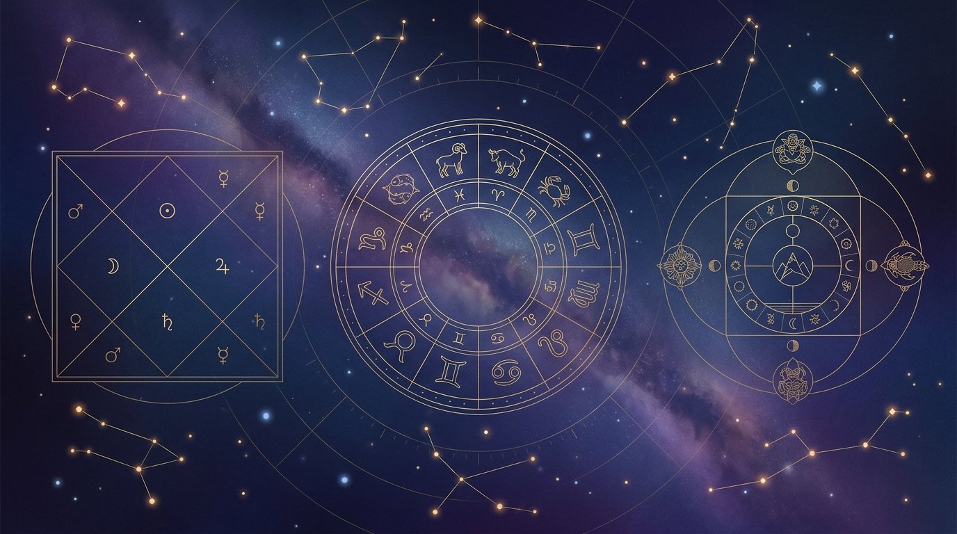 西洋占星術の黄道十二宮ホイール・南インド式の方形チャート・東洋の天球図が、紫紺の星空に金の星座線で調和して浮かぶ、3占術ホロスコープ作成ツールのヒーロー画像。