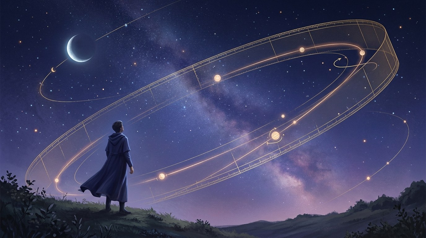 紫紺の星空の下、金色の線で描かれた黄道の帯と天体の軌跡を静かに見上げる人物。占星暦（エフェメリス）ダウンロードのヒーロー画像。