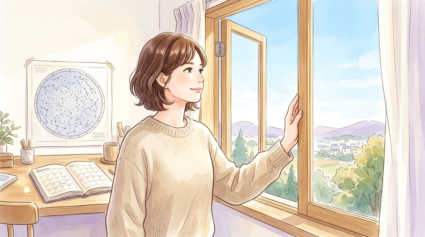 明るい朝の光の中で、動くべき時期を見つけた女性が窓辺に立つイラスト（会員限定プロンプト「動く時期の総合鑑定」の鑑定サンプル用）