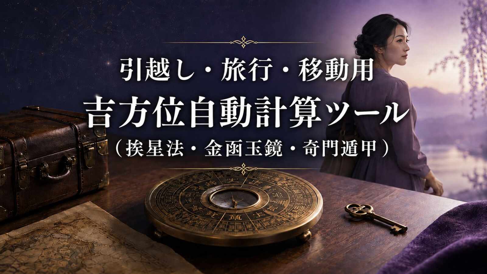 引越し・旅行用 吉方位自動計算ツール（挨星法・金函玉鏡）のイメージ。真鍮の方位盤と旅行鞄、古地図