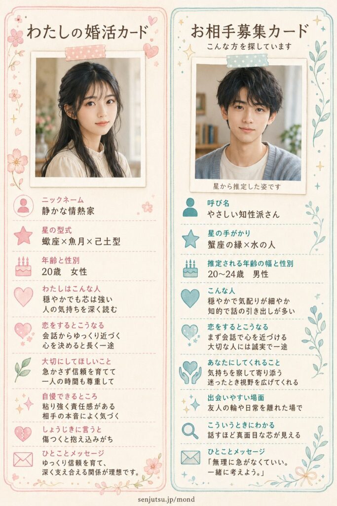 婚活カードとお相手募集カードの出力サンプル・20歳・女性。左が婚活カードで、星から読んだ自画像、わたしはこんな人、恋をするとこうなる、大切にしてほしいこと、自慢できるところ、ひとことメッセージ。右がお相手募集カードで、星から推定した似顔絵、こんな人、あなたにしてくれること、出会いやすい場面、ひとことメッセージ。