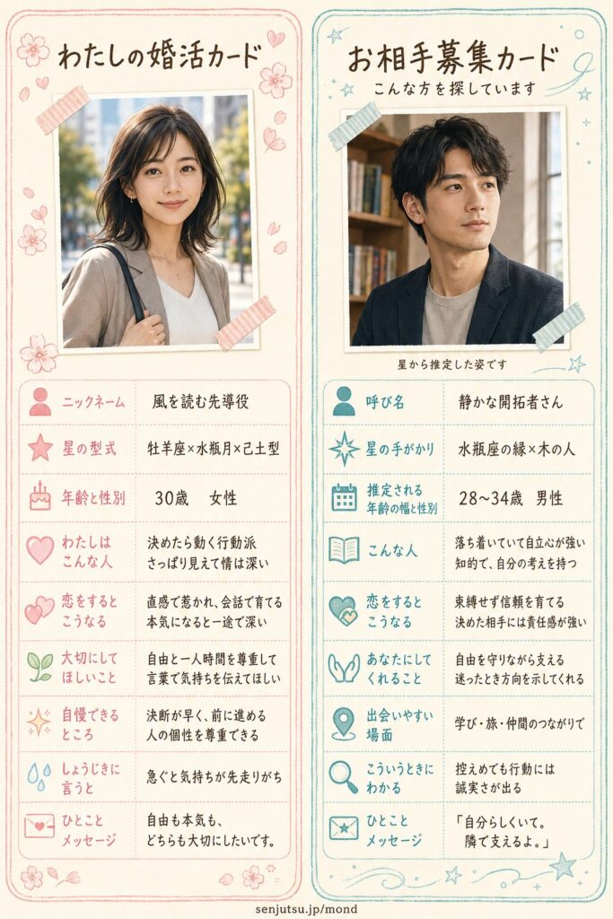 婚活カードとお相手募集カードの出力サンプル・30歳・女性。左が婚活カードで、星から読んだ自画像、わたしはこんな人、恋をするとこうなる、大切にしてほしいこと、自慢できるところ、ひとことメッセージ。右がお相手募集カードで、星から推定した似顔絵、こんな人、あなたにしてくれること、出会いやすい場面、ひとことメッセージ。
