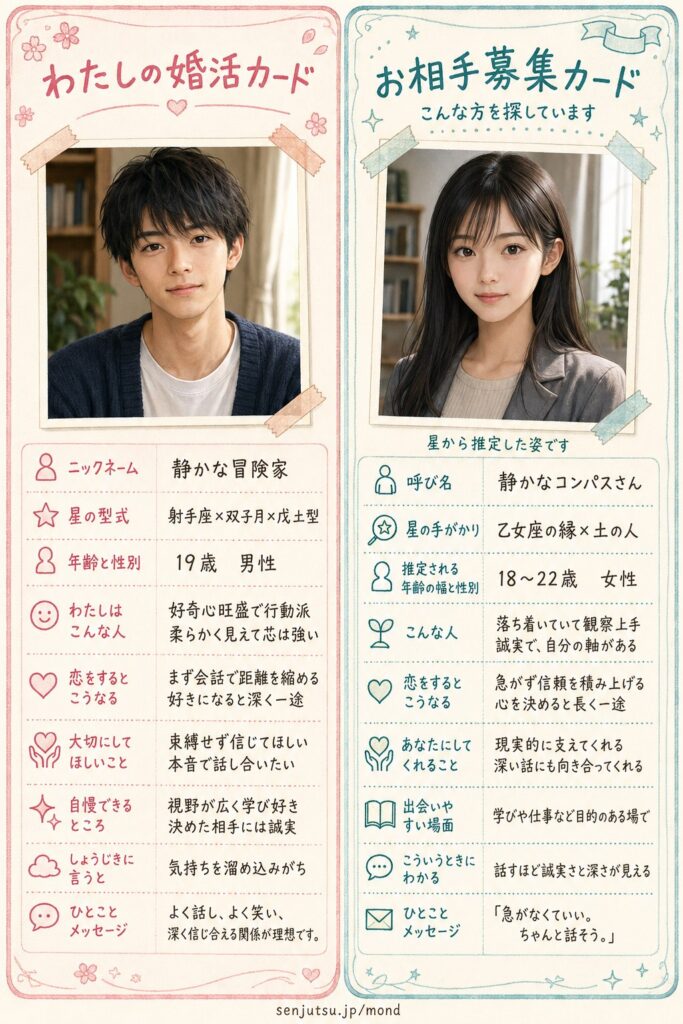 婚活カードとお相手募集カードの出力サンプル・19歳・男性。左が婚活カードで、星から読んだ自画像、わたしはこんな人、恋をするとこうなる、大切にしてほしいこと、自慢できるところ、ひとことメッセージ。右がお相手募集カードで、星から推定した似顔絵、こんな人、あなたにしてくれること、出会いやすい場面、ひとことメッセージ。