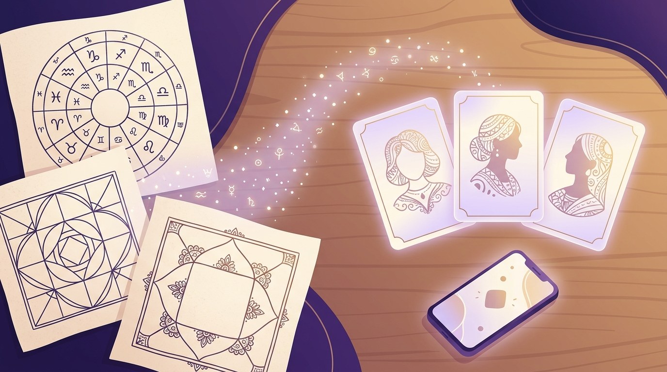 生年月日から作る3種のAI占いカード — 適職・資格・婚活のカードが並ぶイメージ