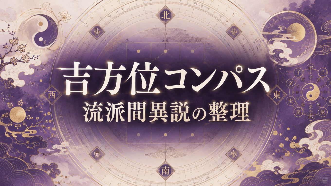吉方位コンパス 流派間異説の整理。紫と金の方位盤・九宮・陰陽のイメージ