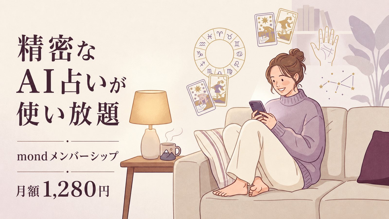 精密なAI占いが使い放題 - mondメンバーシップ 月額1,280円。ソファでスマホのAI占いを楽しむ女性のイラスト