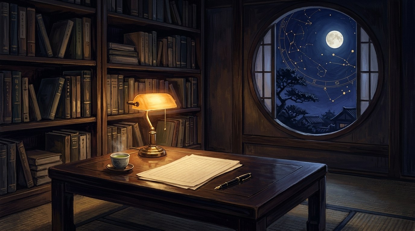 月明かりの差す昭和の書斎。文机の上の万年筆と原稿用紙、湯呑み。丸窓の外の夜空に金色の星座線が浮かぶ。昭和の文豪のホロスコープ鑑定例を象徴するヒーロー画像(人物なし)。