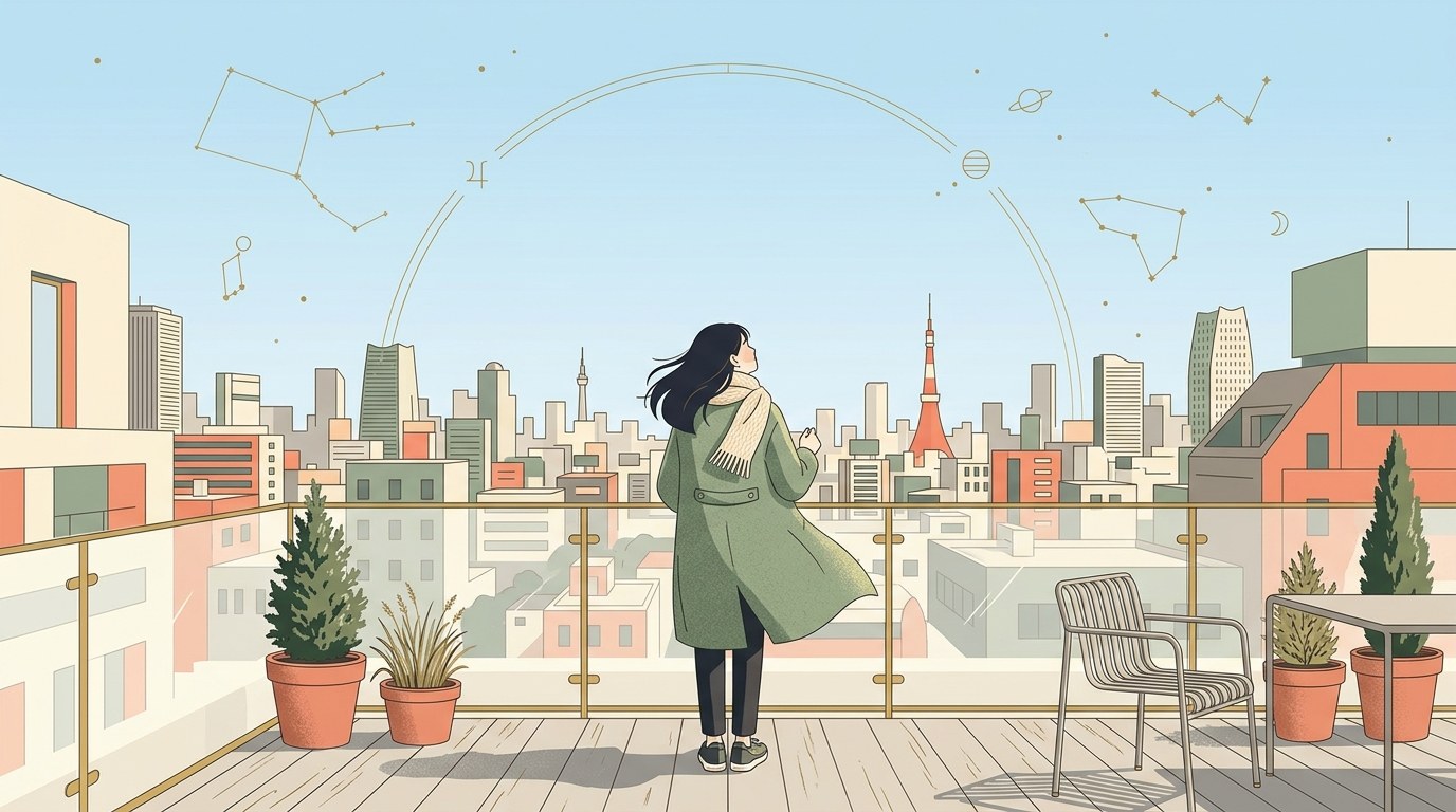 正午の東京の街を見下ろす若い女性のイラスト。空には金色の星座線と黄道の環が浮かび、山羊座の天体の集中を象徴する。1990年生まれのサンプル人物のホロスコープ鑑定例のヒーロー画像。
