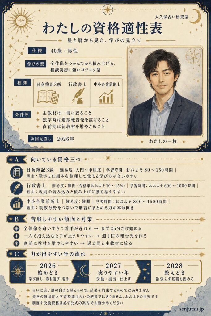 わたしの資格適性表の出力サンプル・40歳・男性。上半分は身分証のようなカードで、学びの型・向いている資格三つ・次回見直しの年。下半分は明細で、資格ごとの難易度と学習時間と占いから見た理由、合格しやすい年の年表。