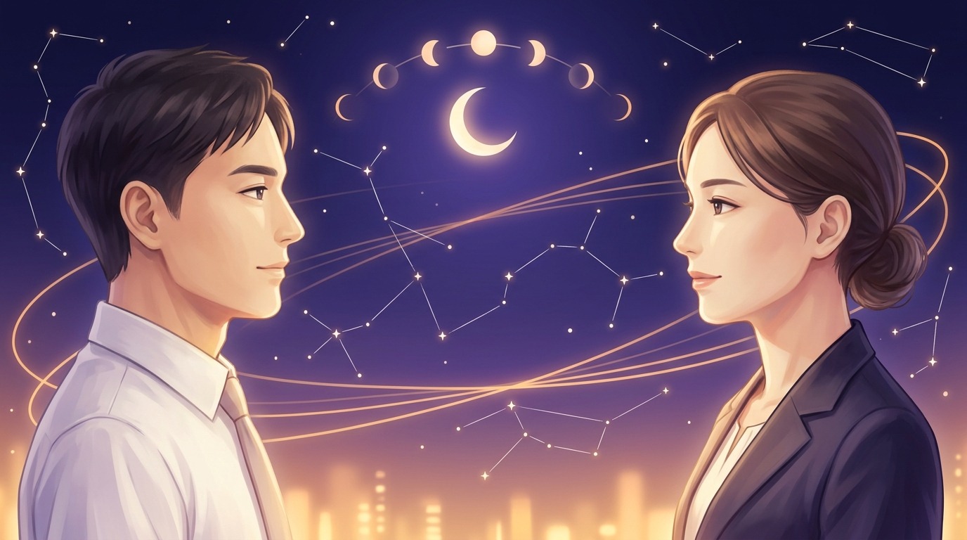 夜空の月と星座を背に向かい合うビジネスパーソン二人、宿曜占星術で職場での相性を占うイメージ