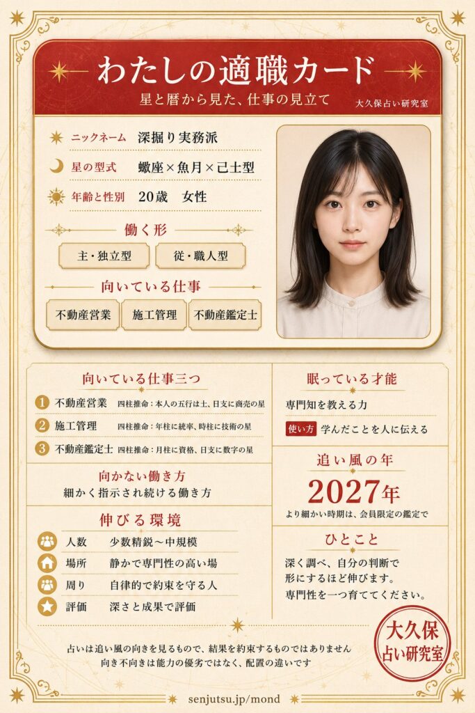わたしの適職カードの出力サンプル・20歳・女性。上半分はカードで、似顔絵・ニックネーム・星の型式・働く形・向いている仕事三つ。下半分は明細で、三つの仕事の理由、向かない働き方、伸びる環境、眠っている才能、追い風の年。