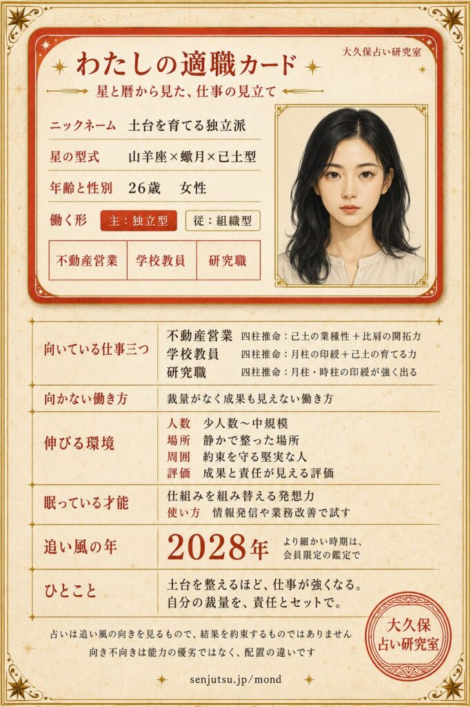 わたしの適職カードの出力サンプル・26歳・女性。上半分はカードで、似顔絵・ニックネーム・星の型式・働く形・向いている仕事三つ。下半分は明細で、三つの仕事の理由、向かない働き方、伸びる環境、眠っている才能、追い風の年。