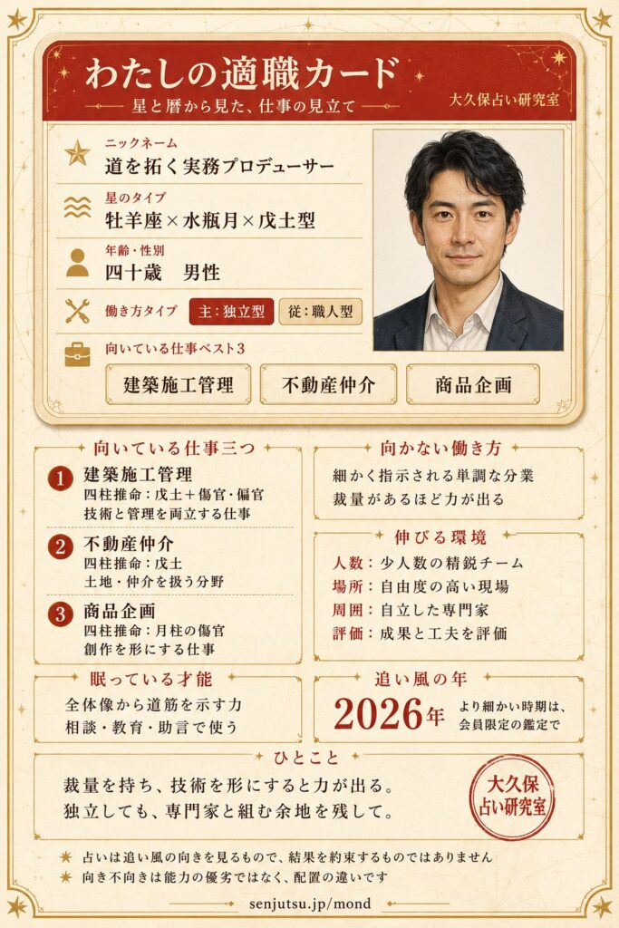 わたしの適職カードの出力サンプル・40歳・男性。上半分はカードで、似顔絵・ニックネーム・星の型式・働く形・向いている仕事三つ。下半分は明細で、三つの仕事の理由、向かない働き方、伸びる環境、眠っている才能、追い風の年。