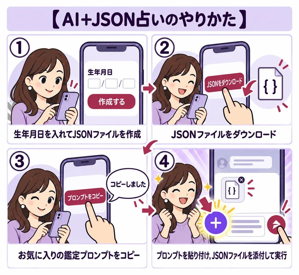 AI+JSON占いのやりかた(4コマ)。①生年月日を入れてJSONファイルを作成 ②JSONファイルをダウンロード ③お気に入りの鑑定プロンプトをコピー ④プロンプトを貼り付け、JSONファイルを添付して実行