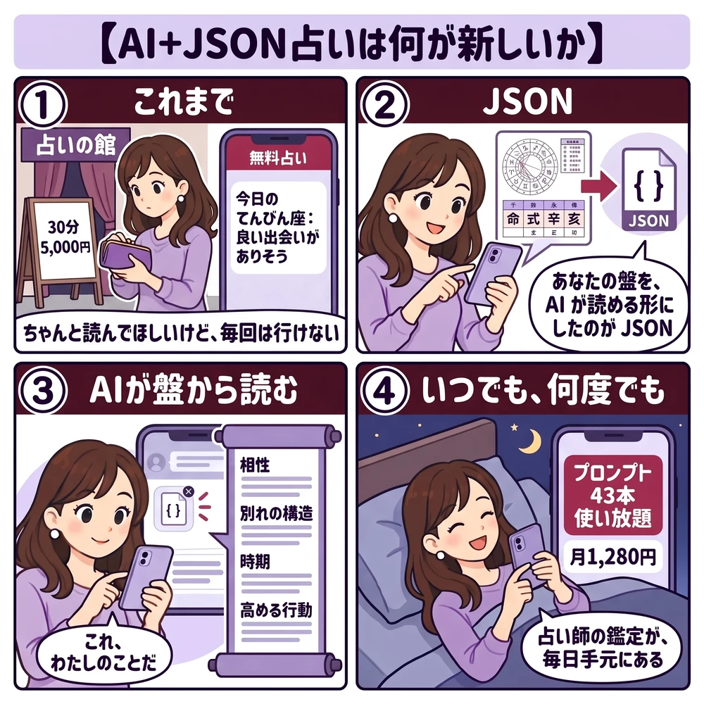 AI+JSON占いは何が新しいか(4コマ)。①これまで:占いの館は30分5,000円、無料アプリは星座だけの一般論 ②生年月日から作った命盤をAIが読める形にしたのがJSON ③AIが盤から相性・別れの構造・時期・高める行動を読む ④プロンプト52本使い放題・月1,280円、占い師の鑑定が毎日手元にある