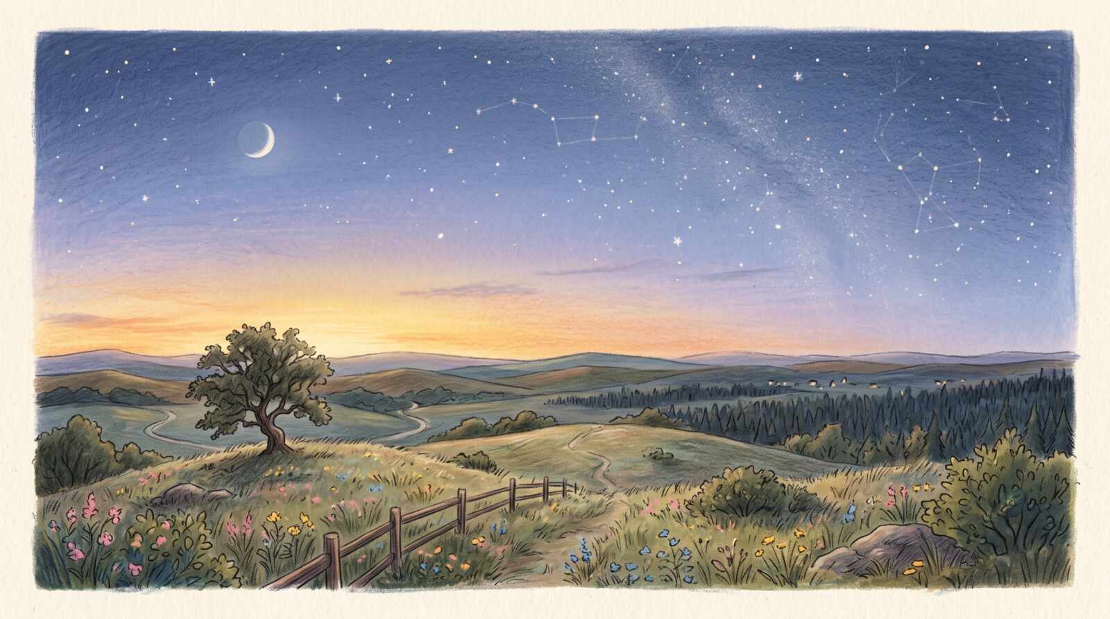 夕暮れの地平線に一番星と三日月が出た空