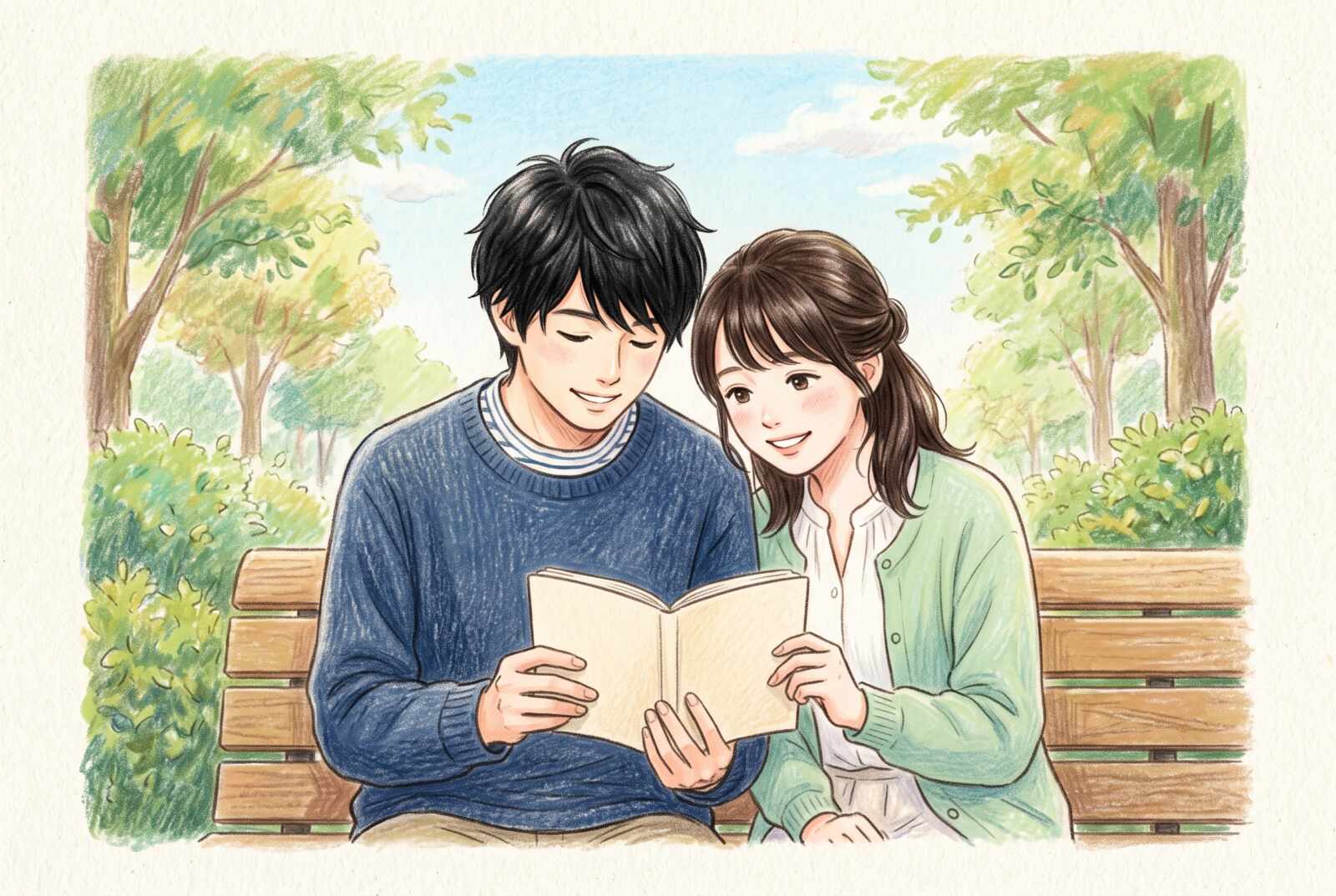 公園のベンチで新しい年の計画を一緒に考える若い男女
