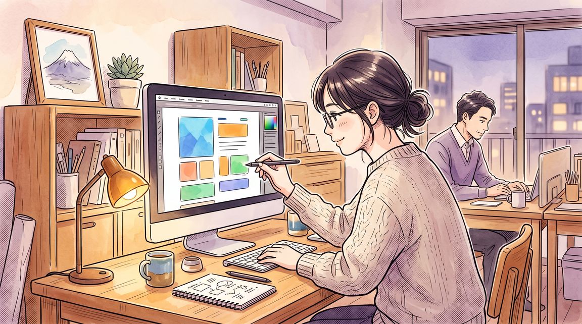 デスクの大きなモニターで画面の余白を整える30代の女性UIデザイナー(架空のサンプル人物・イラスト)