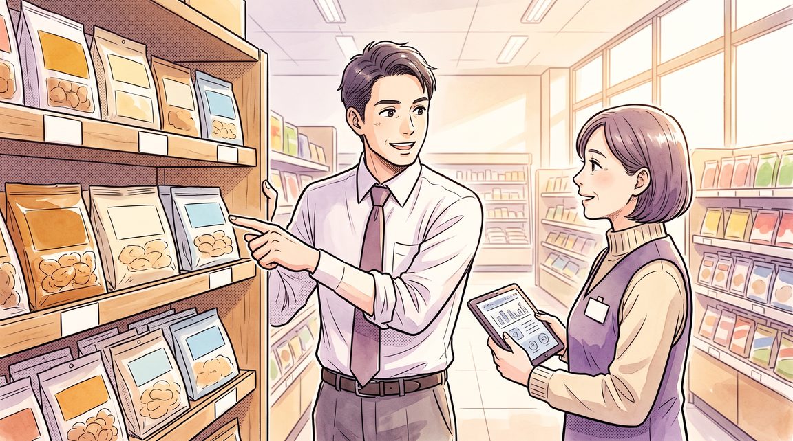 スーパーの売り場で小売バイヤーと棚を指さしながら話す30代の男性営業(架空のサンプル人物・イラスト)