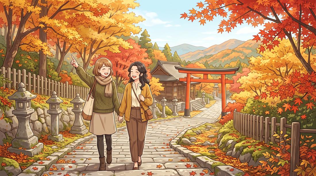 紅葉の参道を歩く2人の女性。秋晴れの空の下、朱色の鳥居に向かって石畳を上っていく行楽の風景