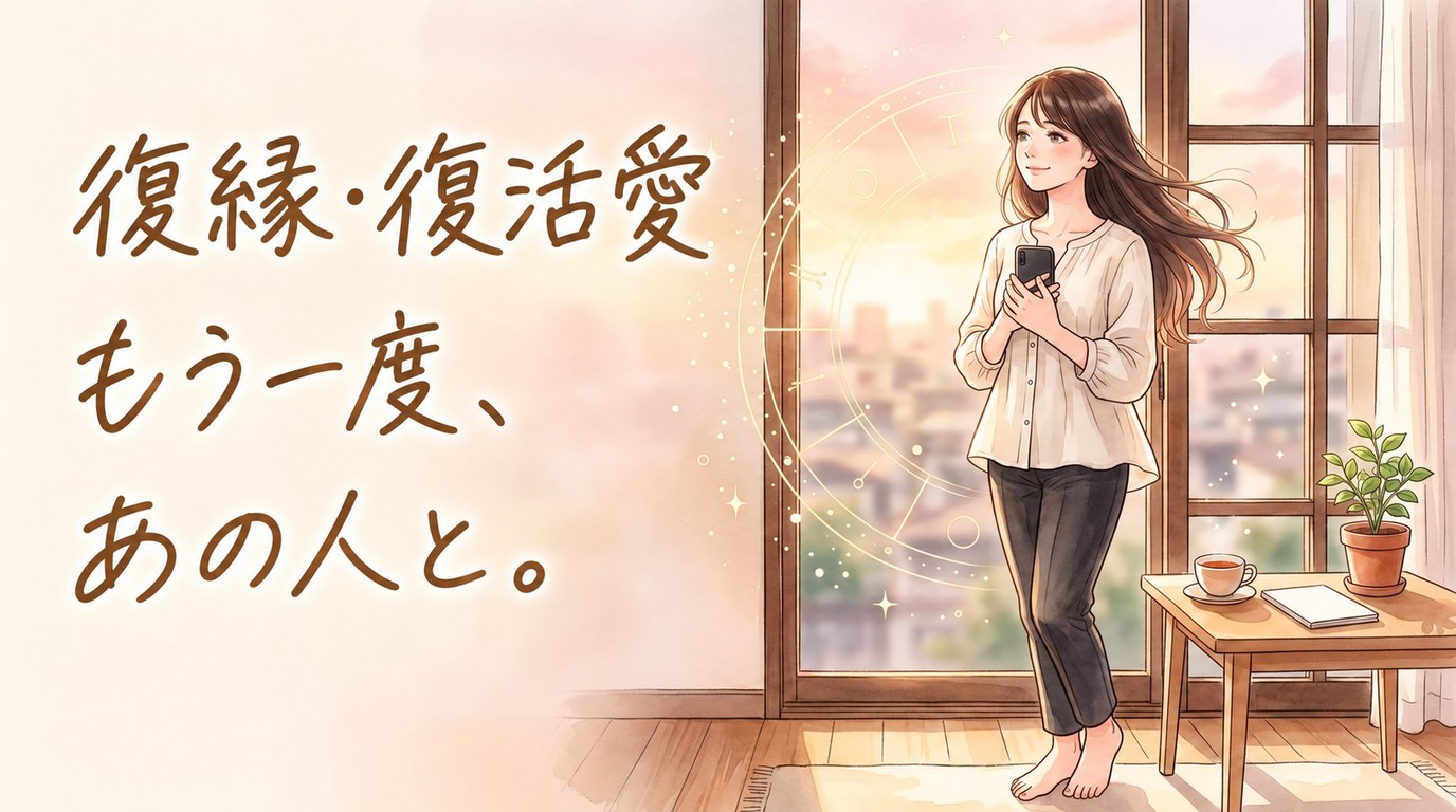 朝の光が差す窓辺で、スマートフォンを胸に当てて穏やかに微笑む女性。復縁のAI占いで答えを見つけた場面のイラスト