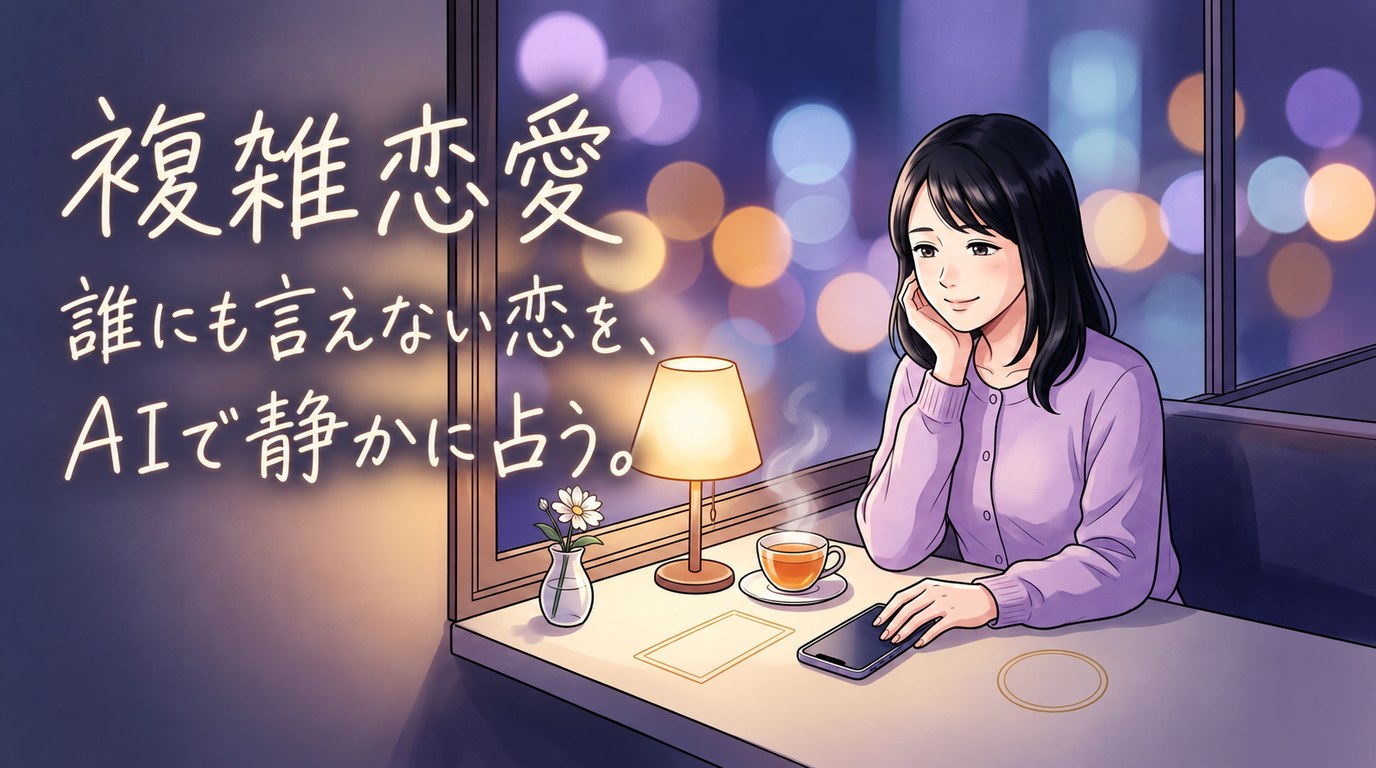 夜のカフェの窓辺で、ランプの明かりの中、頬杖をついて安心したように微笑む女性。複雑恋愛のAI占いのイラスト