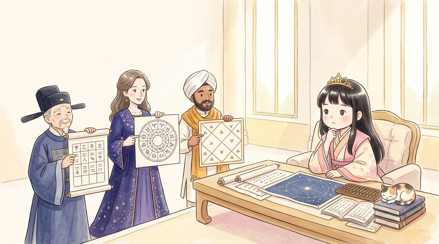 小さな国の宮廷で、四柱推命・西洋占星術・インド占星術の三人の占星官が姫に一年の振り返りを報告する水彩の絵本風イラスト