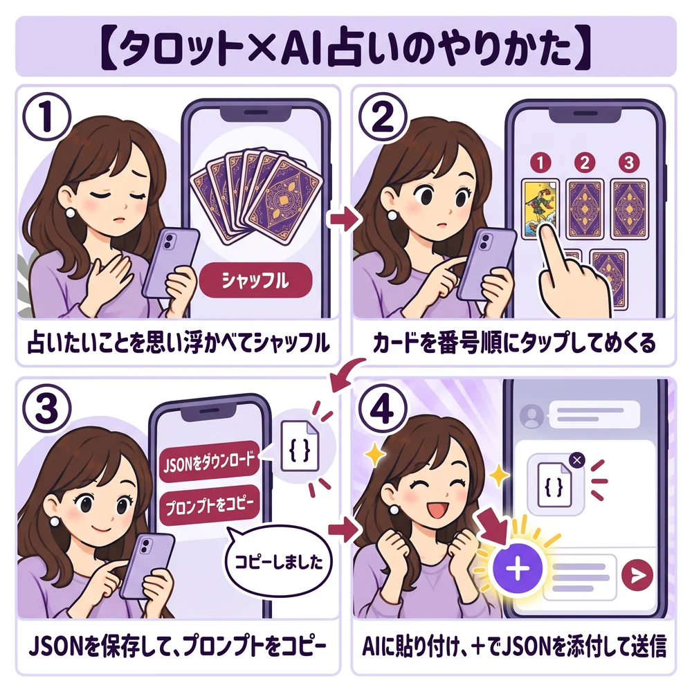 タロット×AI占いのやりかた(4コマ)。①占いたいことを思い浮かべてシャッフル ②カードを番号順にタップしてめくる ③JSONを保存して、プロンプトをコピー ④AIに貼り付け、+でJSONを添付して送信